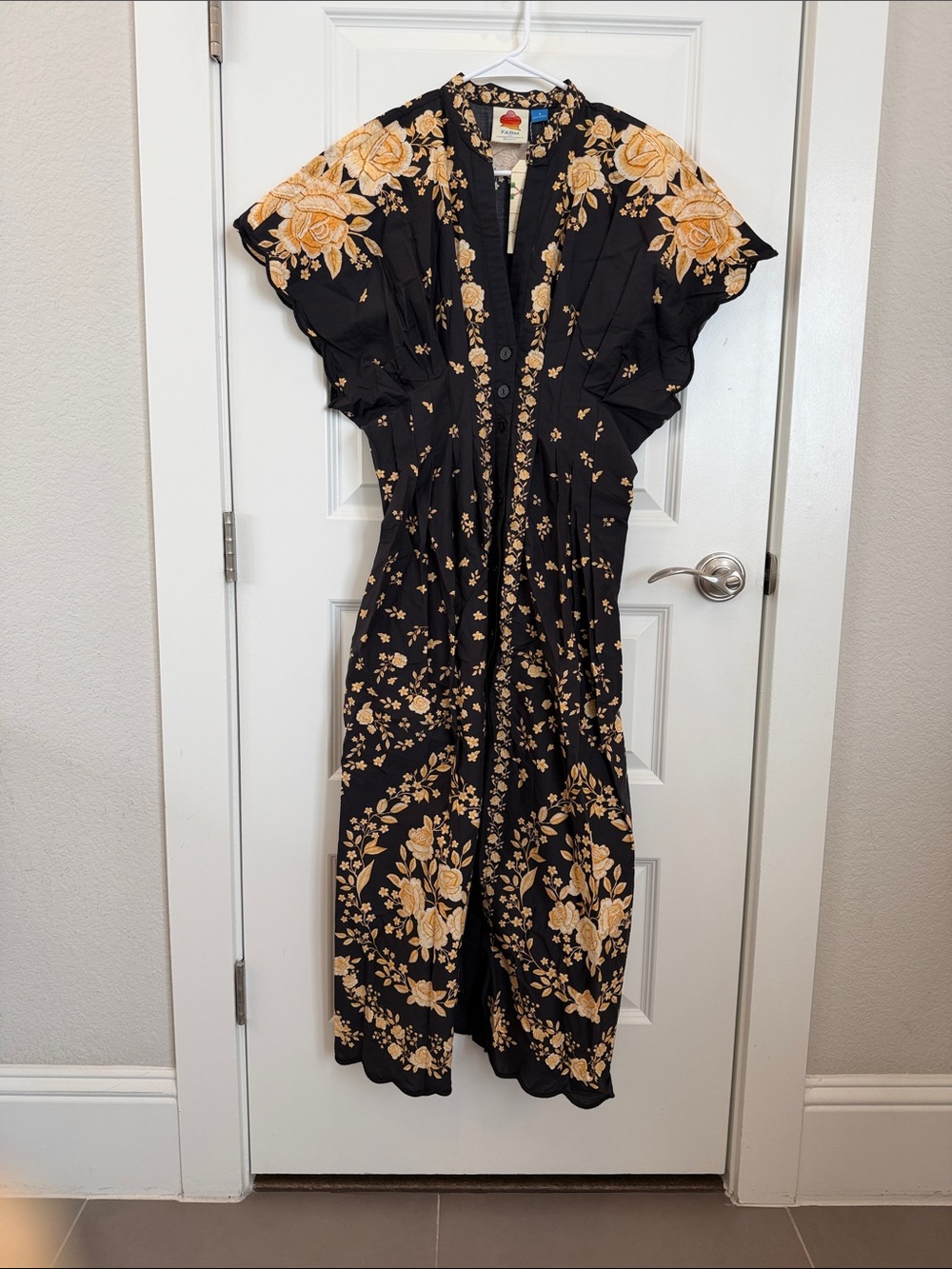 FARM Rio Black Maxi Dress with Gold Floral Embroidery